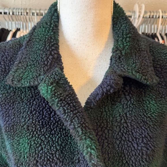 liz & co. Plush Button-Front Teddy Jacket in Black and Dark Green Plaid - Picture 2 of 6